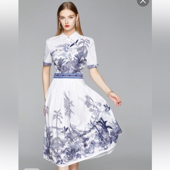 Summer Runway Designer Dress Women Elegant Floral Print Midi Dress - Picture 2 of 15